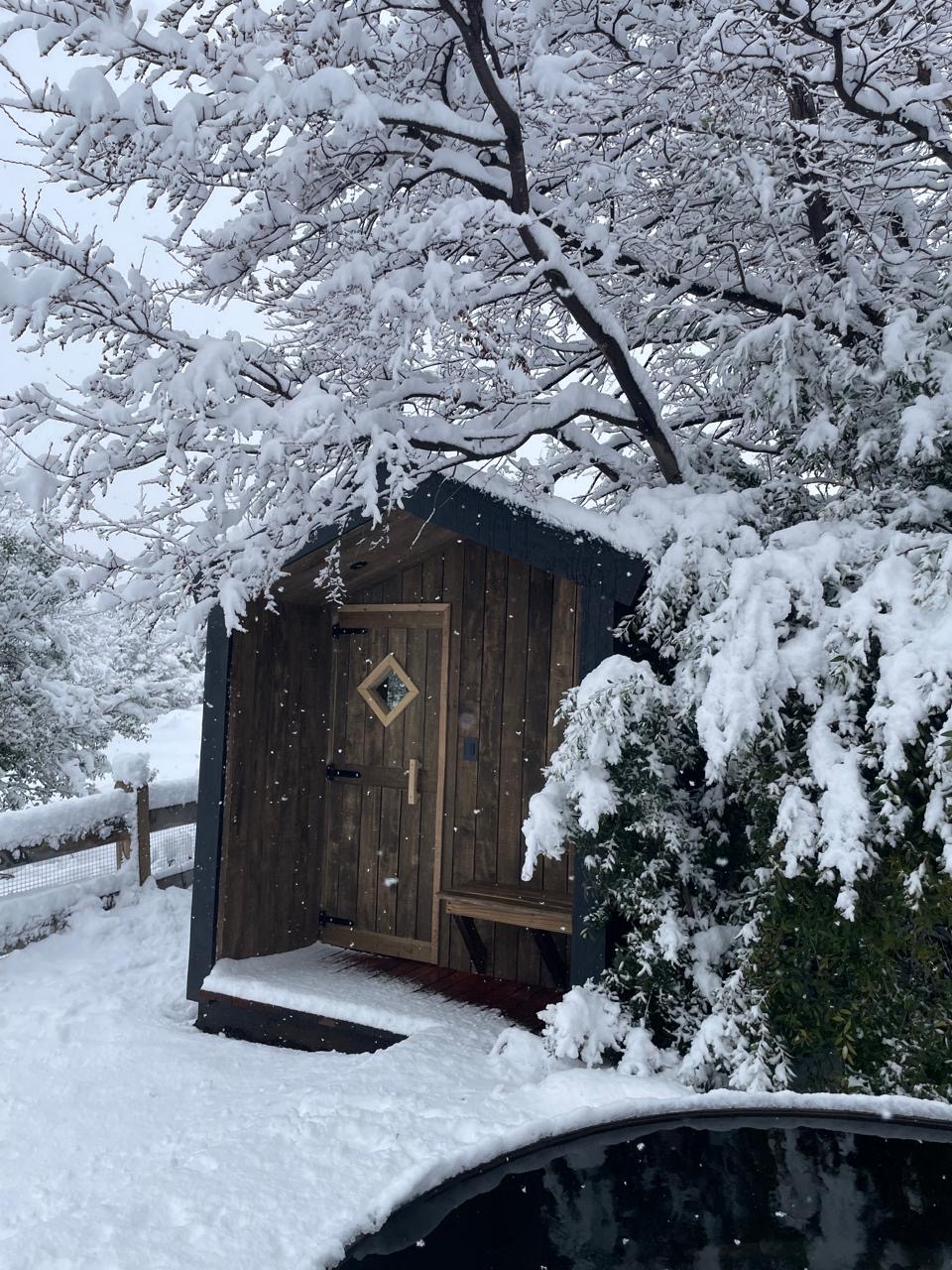 Sauna exterior Alder bajo la nieve